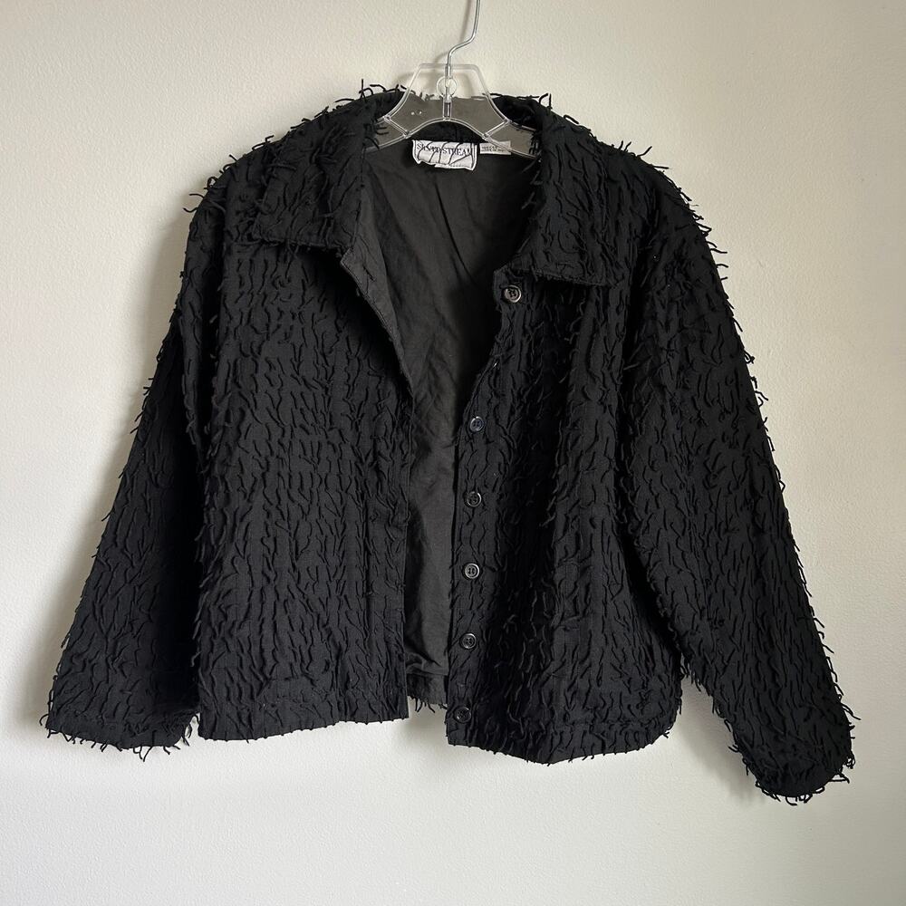 Vintage Silver Stream Black Fringe Button Down Cotton Boxy 90s Jacket Coat Small